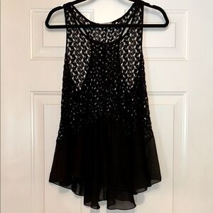 ISSI Crocheted Lace A-Line Tank Top Black M/L Swim Beach Sheer Resort Flirty